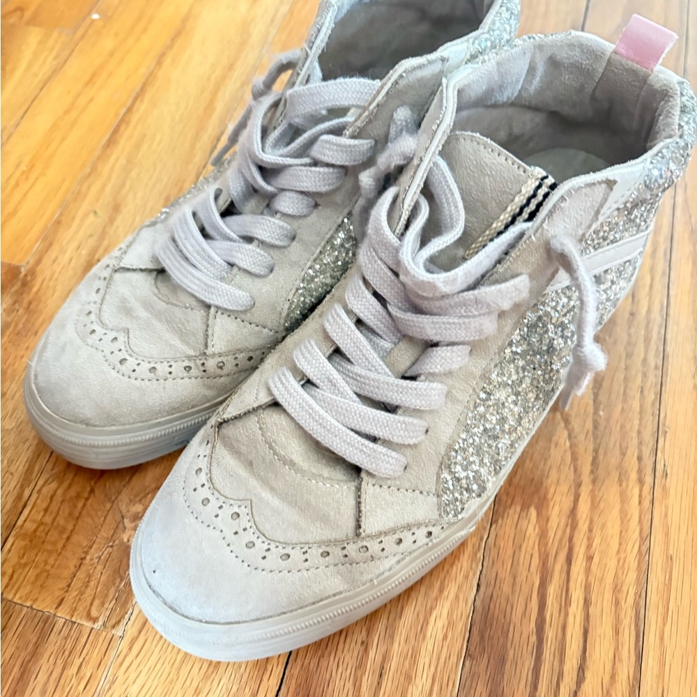 Womens|shushop|Gray|Glitter|High-Top Sneakers#glitter#star#pink#slimstylesneaker